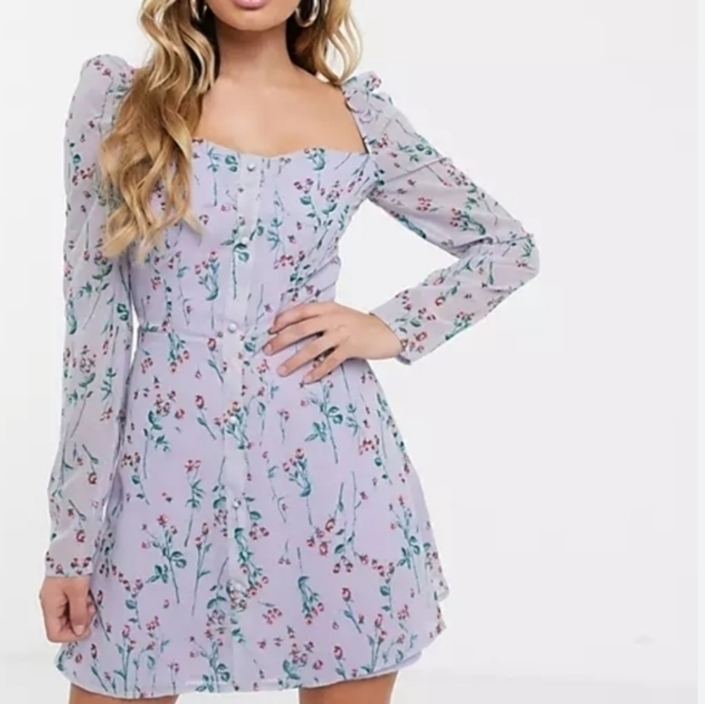 Missguided Floral Lilac Square Neckline Mini Dress Size 4 NWT - Picture 7 of 12